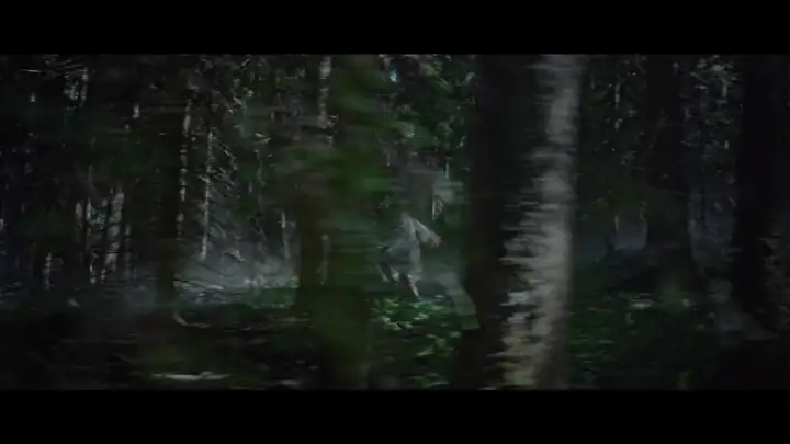 Nainen valkoisessa mekossa juoksee pimeässä metsässä, taustalla sumua. Video looppi.