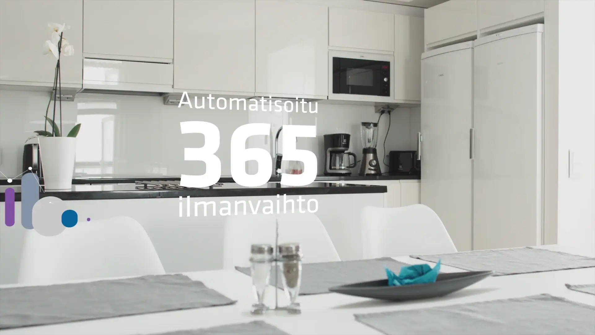 Keittiän pöydän yläpuolelle animoituu ilmanvaihtoon liittyvää grafiikkaa. Videolooppi.