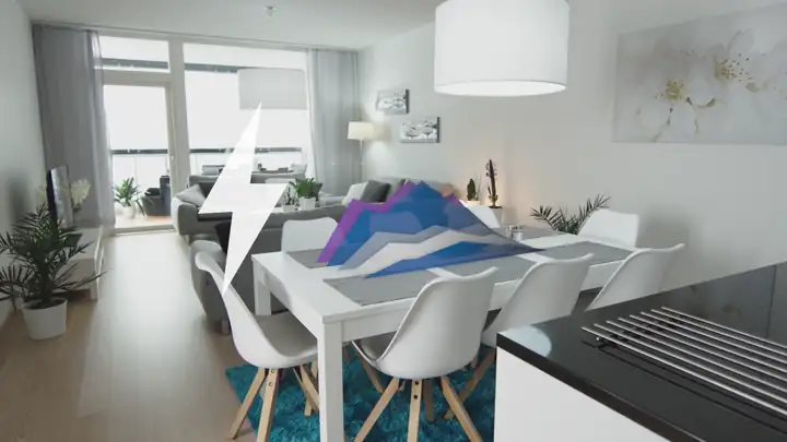 Ruokapöydän pintaan animoituu aluekaavioita, jotka kertovat Climeconin energiatehokkuudesta. Videolooppi.