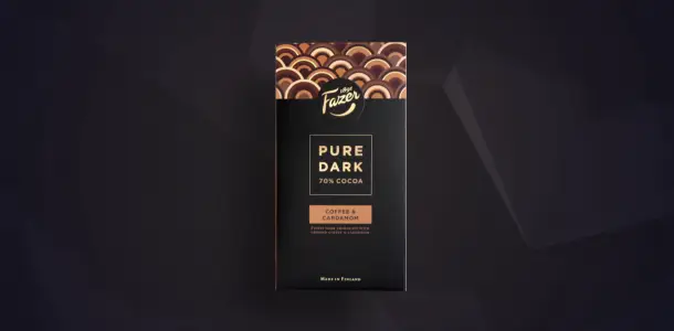 Fazer Pure Dark sulkaalevy vaihtelee nopeasti makuaan ja paketin väriä. Animoitu looppi.