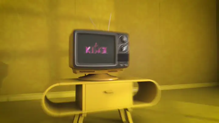 Keltaisen huoneen katosta tippuu Alta Hillitön Gouda juusto television päälle. Animoitu looppi.