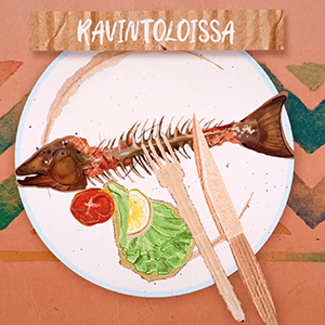 Kalanruoto ja ruoan jäänteitä lautasella haarukan ja veitsen kanssa. Kuvassa teksti "Ravintolassa". Kuvitus.