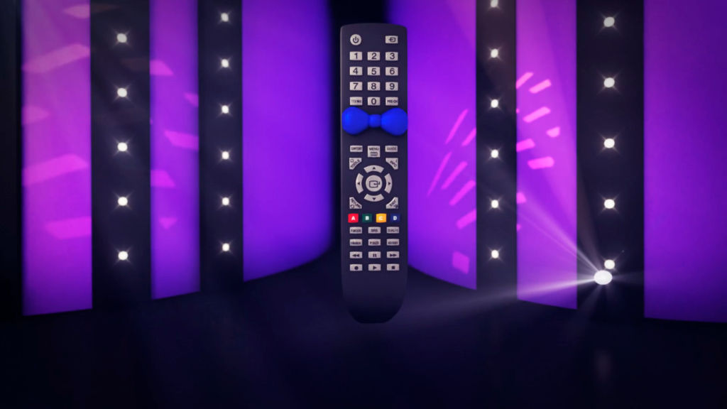 Hybridi TV:n kaukosäädin jolla sininen rusetti keskellä. Taustalla liila seinä. Kuvitus.
