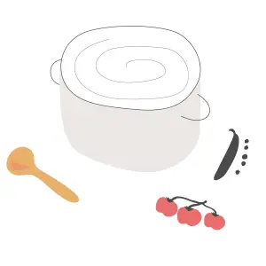 Pelkistetyllä kuvitustyylillä toteutettu kattila, kauha sekä vihanneksia. Animoitu looppi.