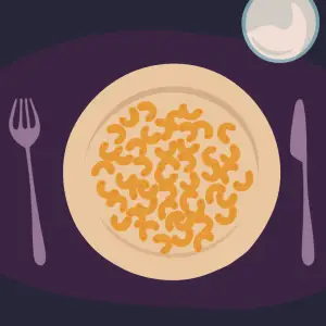 Lautasella on pastaa, haarukka ja veitsi. Vähitellen pasta vähenee, kunnes lautanen on tyhjä. Animoitu looppi