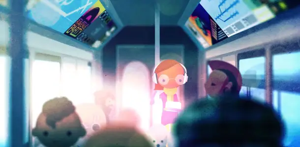 Tyttö seisoo liikkuvassa metrossa kuulokkeet päässä. Maisema vilisee taustalla. Animoitu looppi.