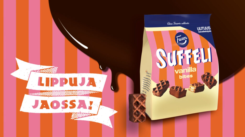 Fazer Suffeli vanilla bites uutuus pussi. Pussin vieressä teksi jossa lukee Lippuja jaossa.