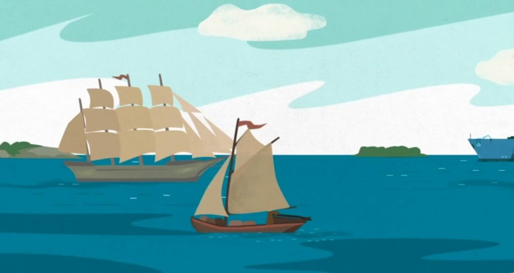 Kaksi purjevenettä seilaa merellä vierekkäin. Toinen purjevene isompi kuin toinen. Kuvitus.