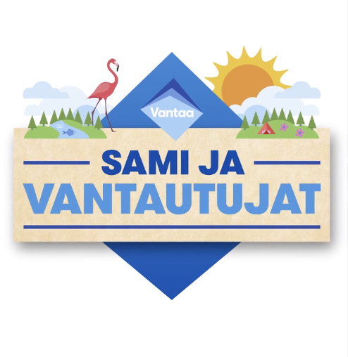 Kyltti jossa sinisellä tekstiä ja kyltin päällä vaaleanpunainen flamingo kävelee puiden keskellä ja aurinkopaistaa. Kuvitus.